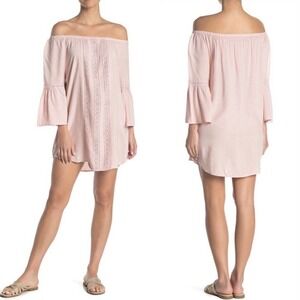Splendid Long Lines Off Shoulder Pale Pink Mini Dress Sz S Eyelet Tunic